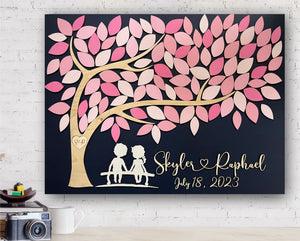Wedding Guest book alternative with childhood sweethearts and pink tree of life fully personalized newlyweds gift made by Sign You Style