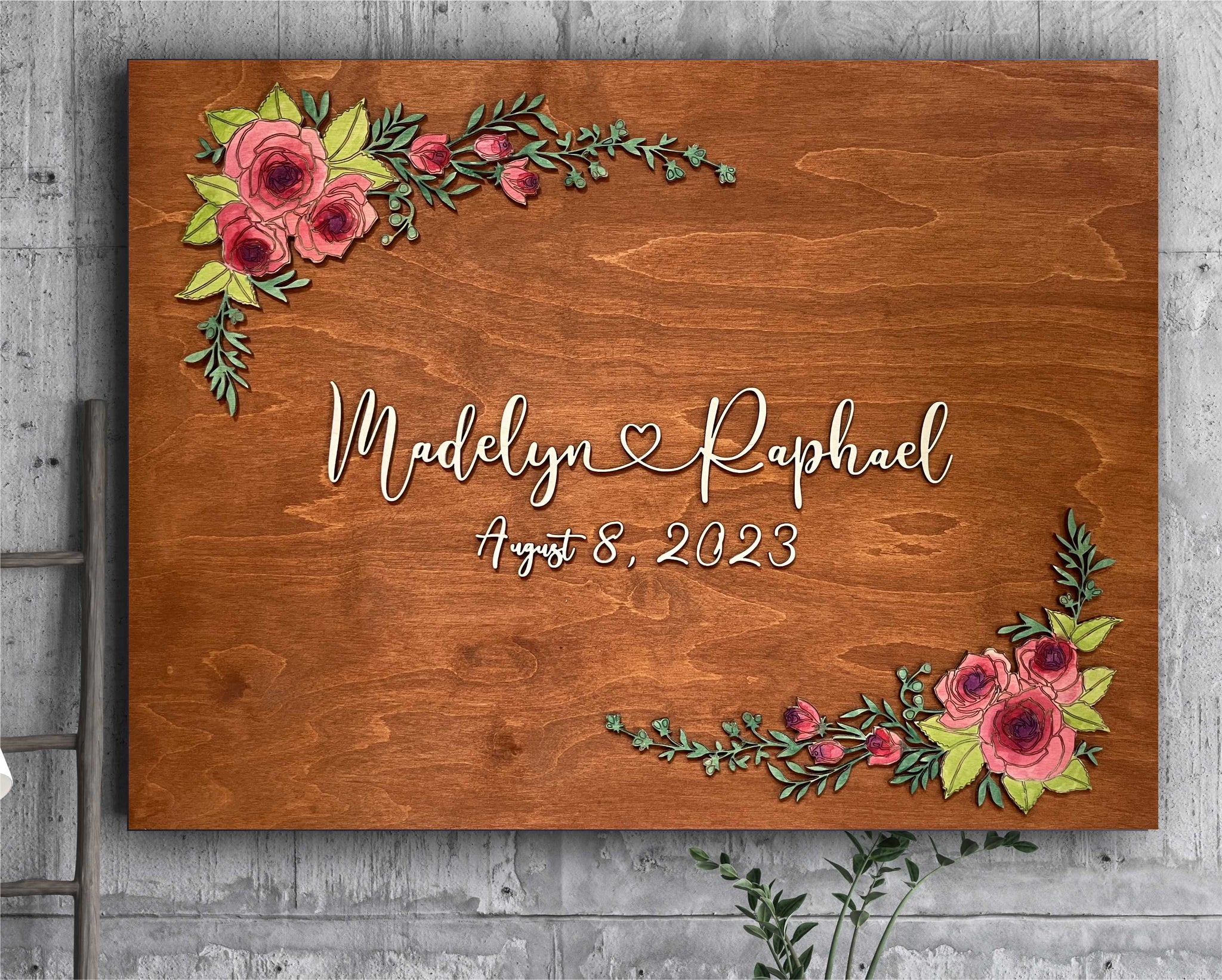 Wood hand painted last name sign with floral motifs, wedding guest book or welcome sign, family Christmas gift, newlyweds, wooden sign gift for newly engaged
