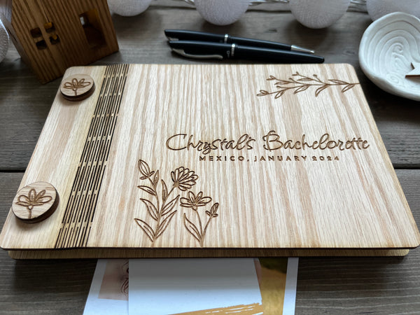 wood hen party guest book with floral engraved motif