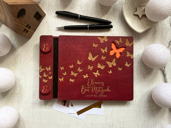 Bat Mitzvah guest book with wood covers and engraved butterflies with personalized name and text