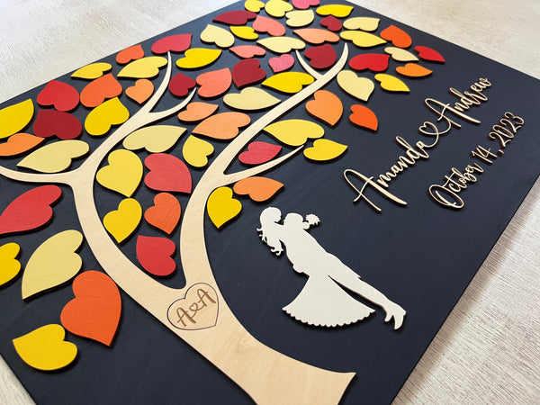 bride and groom wood guest book with fall tree