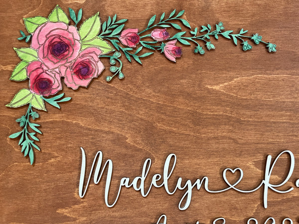 closeup to show the hand painted 3D wood floral motif