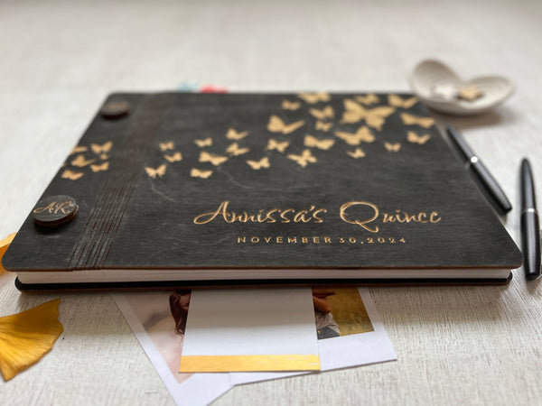 custom engraved wood quince guest book album with butterflies