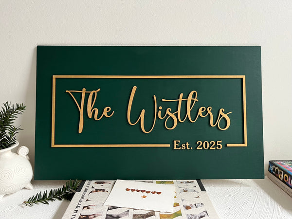 Personalized last name sign with established year made on dark green wood with gold lettering for wedding or office sign. The sign is rectangular and the font is calligraphic. You will personalize your sign with your name, year, color for the background, color for the text as well as font type. 