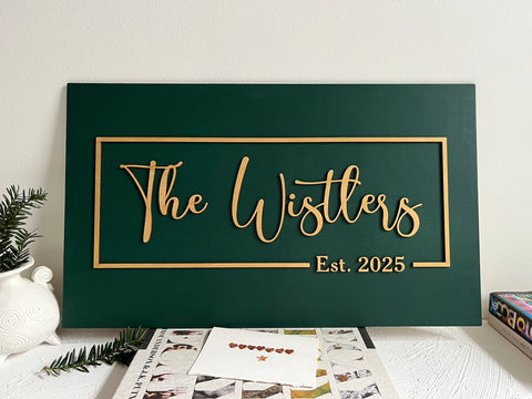 Personalized last name sign with established year made on dark green wood with gold lettering for wedding or office sign. The sign is rectangular and the font is calligraphic. You will personalize your sign with your name, year, color for the background, color for the text as well as font type. 