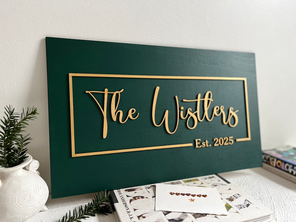 Personalized last name sign with established year made on dark green wood with gold lettering for wedding or office sign. The sign is rectangular and the font is calligraphic. You will personalize your sign with your name, year, color for the background, color for the text as well as font type. 