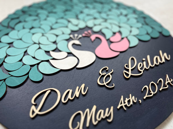 add your names and wedding date on the lower part of the guest book in cutout wooden lettering 