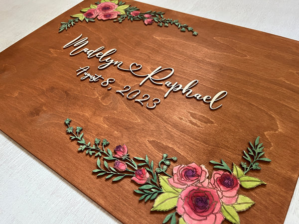 detail to show the hand painted motifs of the wooden guest book wedding welcome sign