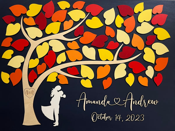 fall themed guest book tree with couple silhouette and personalized names and wedding or anniversary date