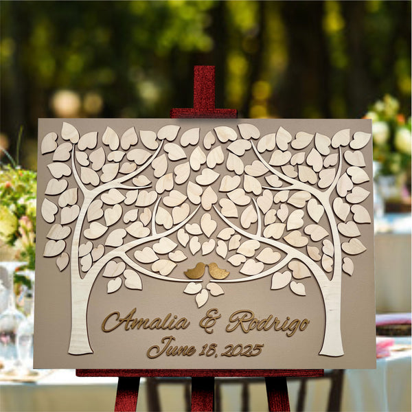 stylish guest book alternative with leaves to sign and gold personalized text with gold birds
