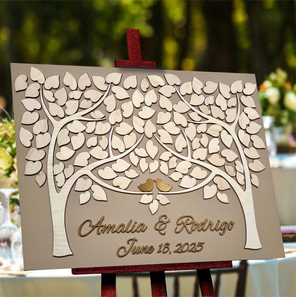 stylish guest book alternative with leaves to sign and gold personalized text with gold birds