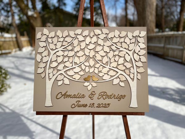 stylish guest book alternative with leaves to sign and gold personalized text with gold birds