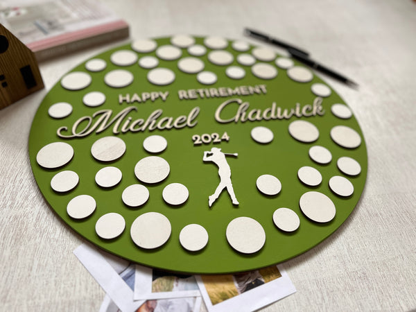 retirement guest book made with golfer and golf balls to sign