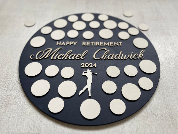 retirement guest book alternative gift for coworker made on navy background and golf balls to sign
