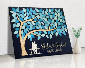 guest book alternative with couple under the tree of life and blue shades blue wedding color scheme on signyoustyle.com