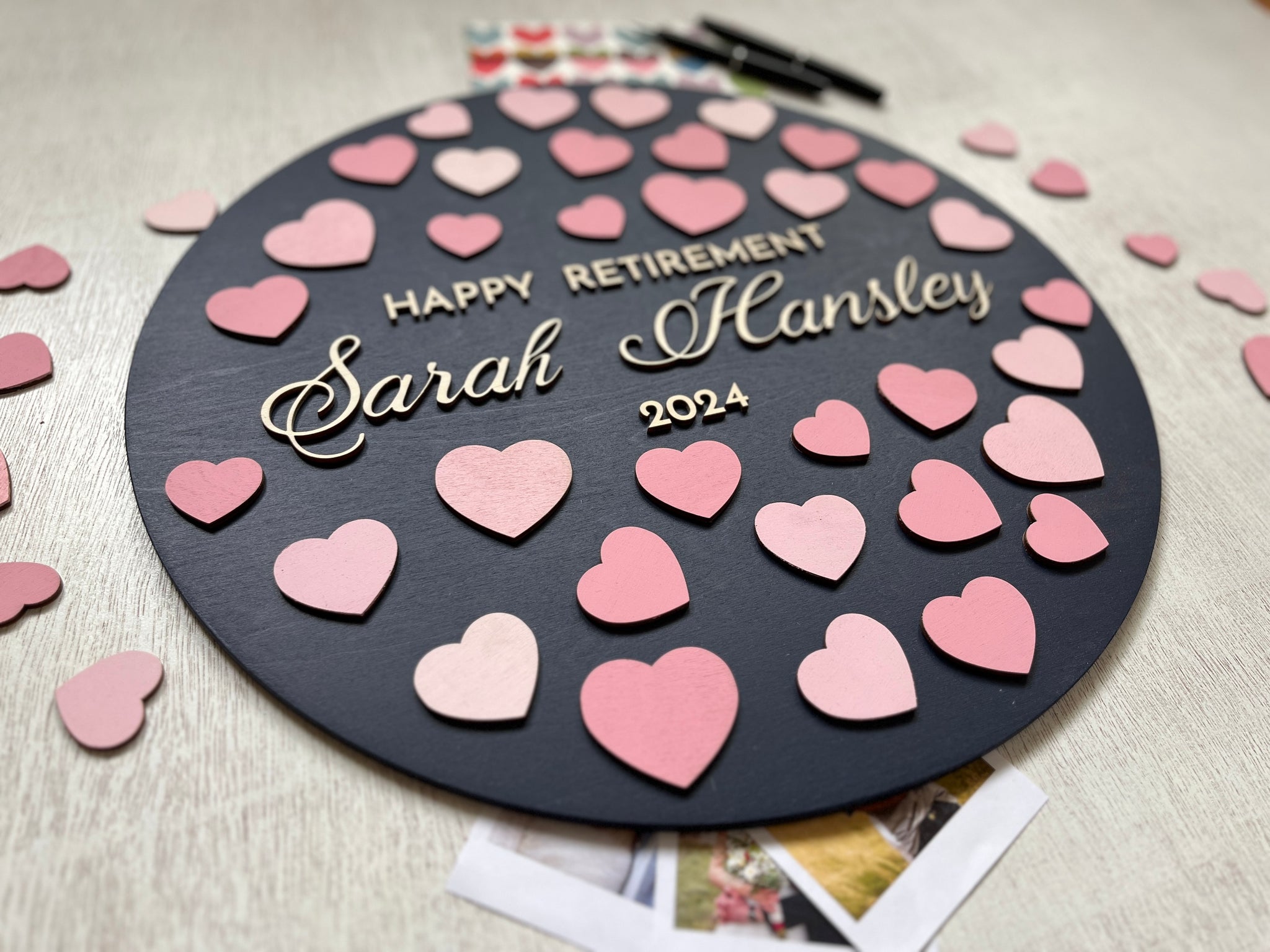 personalized retirement guest book alternative with hearts for coworkers to sign