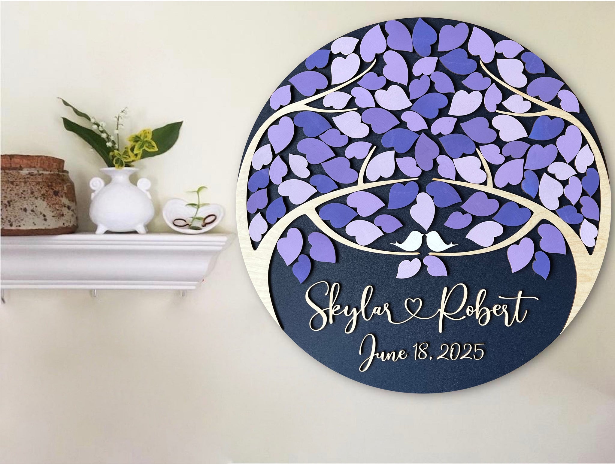 Wedding guest book wall piece with purple lavender  leaf design and personalized text, with two trees that come as one. 