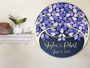 Wedding guest book wall piece with purple lavender  leaf design and personalized text, with two trees that come as one. 
