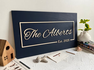 wall hanging last name sign with established year made on custom colored wood for home decor or office