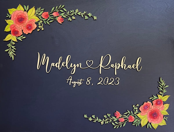 navy guest book with flral motif hand painted wedding welcome sign