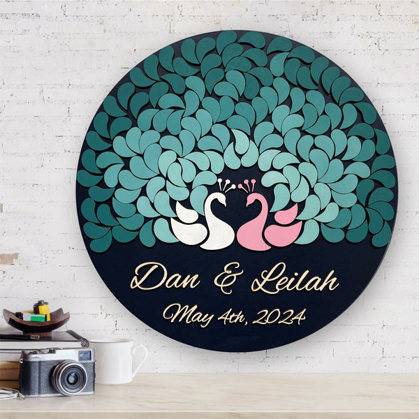 wedding guest book made with peacocks on a round wooden board with personalized details and custom colors