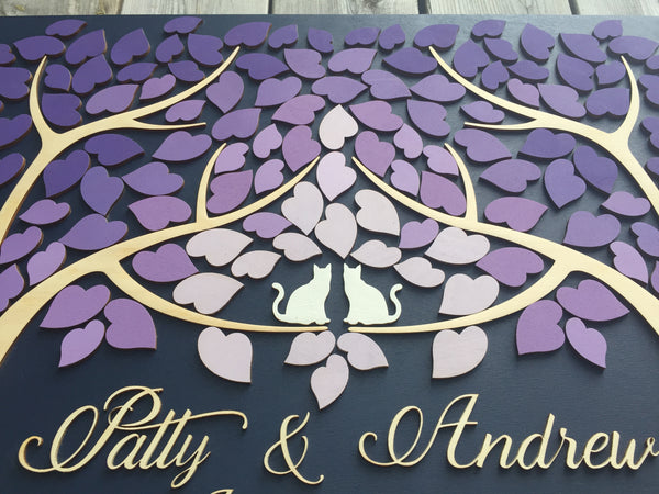 persoanlized guest book with cats in tree with purple shades for leaves signyoustyle.com