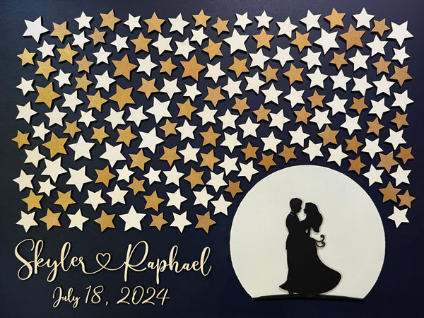 personalized guest book alternative with moon and stars and couple in moonlight