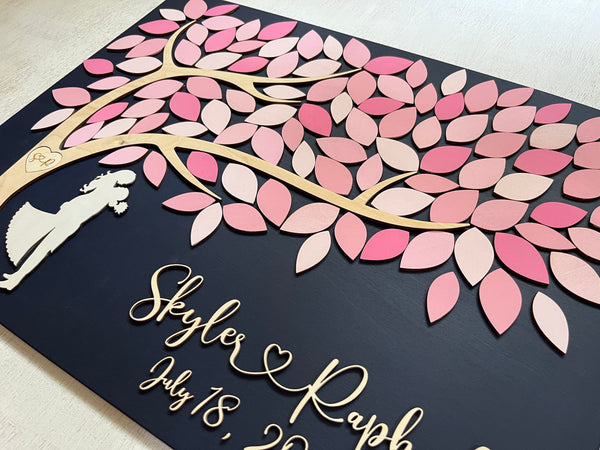 the wood guest book alternative is customized with the colors of your choice plus the name of the bride and groom and the wedding date