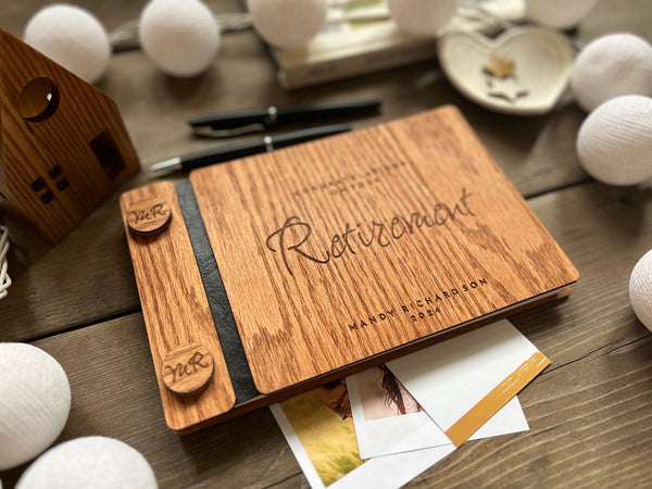 retirement guest book made in red oak and a brown stain with personalized engraved details