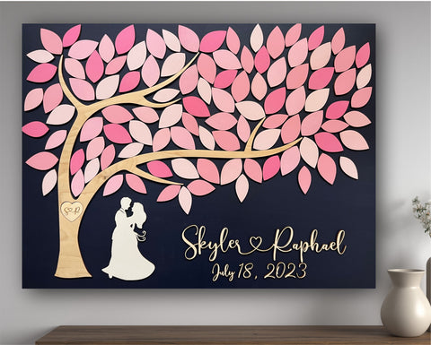 wood tree guest book with leaves to sign made in pink shades