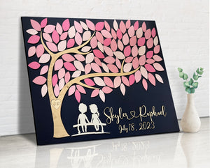 personalized wedding guest book alternative or wedding welcome sign with the names of the couple made in 3D wood and pink shades