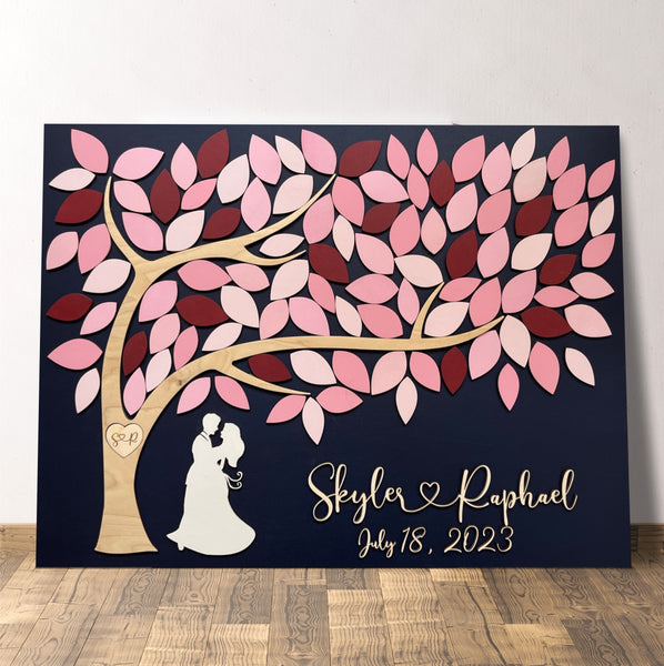 wedding guest book alternative with tree of life and leaves to sign with pink burgundy leaves and personalized names and wedding date