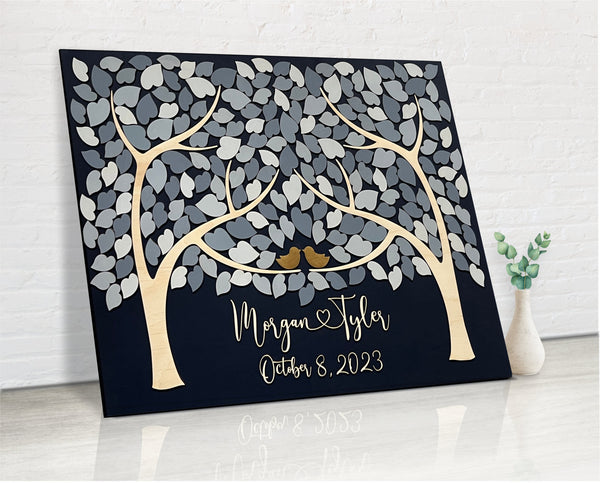 Red 3D Personalized wedding guest book alternative with two trees that join in one with personalized names, date and colors