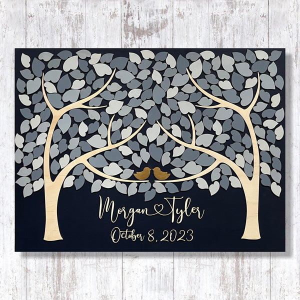 3D Personalized wedding guest book alternative with two trees that join in one with personalized names, date and colors