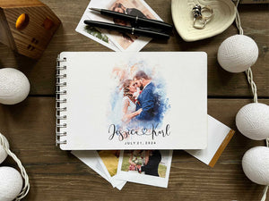 guest book cover with watercolor portrait of couple with personalized names and wedding date in the font of your choice