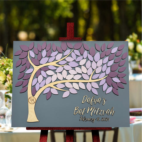 bat mitzvah guest book alternative with tree and leaves to sign  in violet- purple- lavender shades