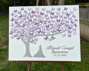 Quinceanera guest book alternative with personalized name and date with purple butterflies to sign, silver purple color scheme