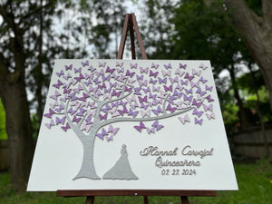 Quinceanera guest book alternative with personalized name and date with purple butterflies to sign