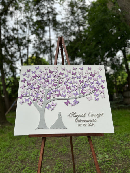 Quinceanera guest book alternative with personalized name and date with purple butterflies to sign and silver tree with silver girl silhouette