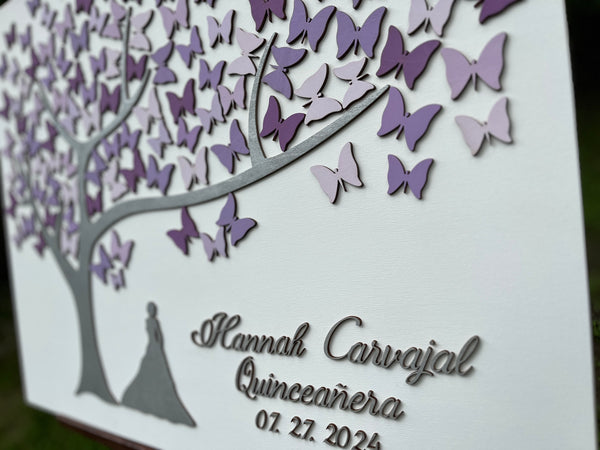 detail of Quinceanera guest book alternative with personalized name and date with purple butterflies to sign- shows name and closeup of butterflies