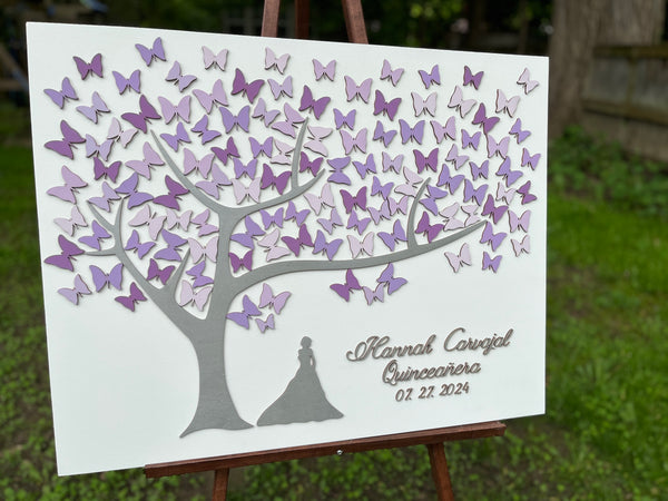 side view of Quinceanera guest book alternative with personalized name and date with purple butterflies to sign