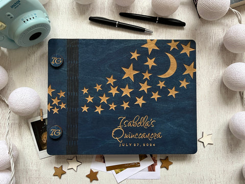 personalized quince guest book with stars and moon, sweet 16 or bar bat mitzvah