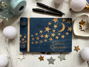 Wood personalized Quince guestbook with moon and stars