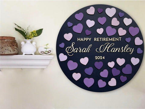 retirement guest book alternative with hearts to sign and personalized name
