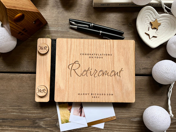 Wood Retirement guest book personalized gift for retiree, coworker custom engraved present, farewell gift for coworker