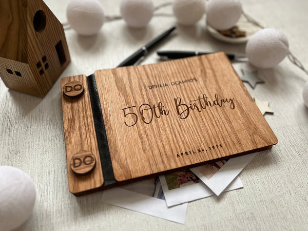 50th birthday gift guest book with personalized details made in red oak wood