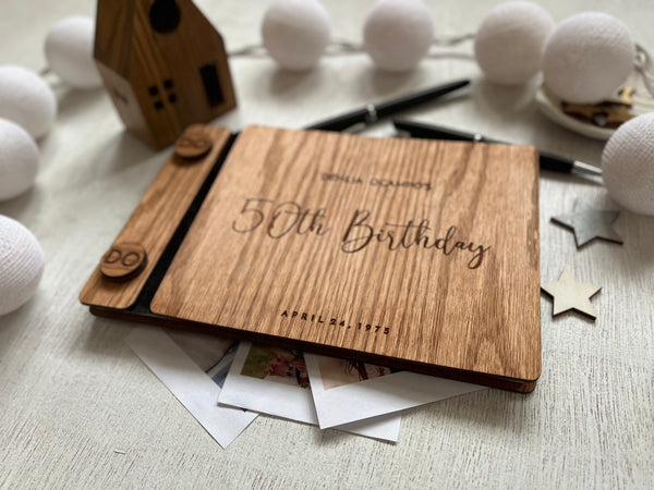 50th birthday gift guest book with personalized details made in red oak wood