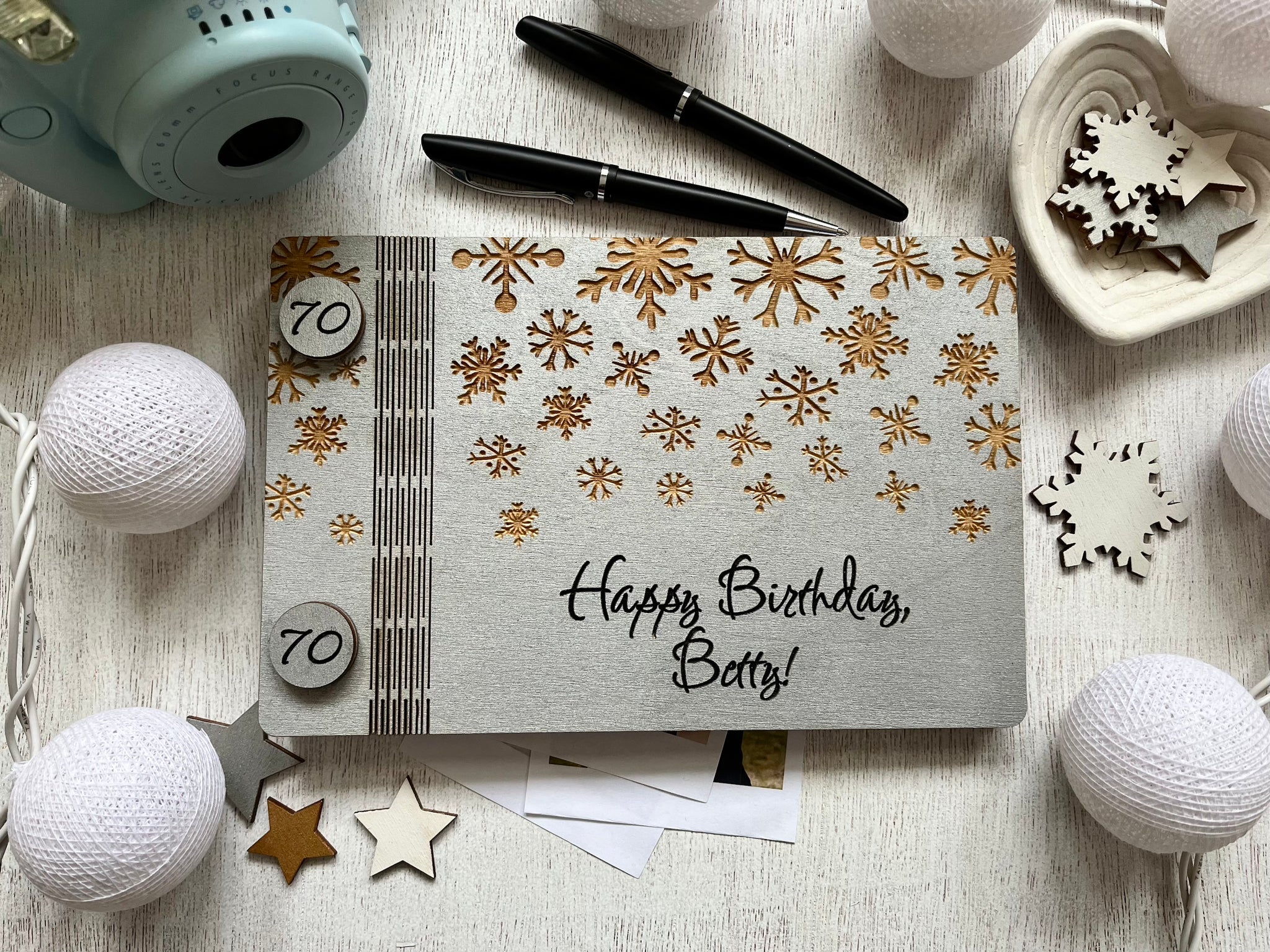 Classic guest book for winter birthday or retirement personalized with names, date and engraved snowflakes, 70th birthday gift