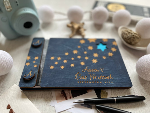 Bar Mitzvah guest book album with stars made of wood with engraved details and buttons