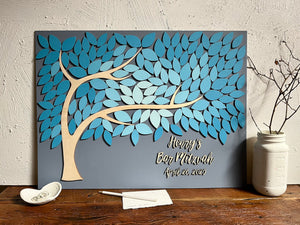 Bar Mitzvah guest book with leaves to sign and blue color scheme with personalized text and the name of the birthday boy, alternative guest book made of wood